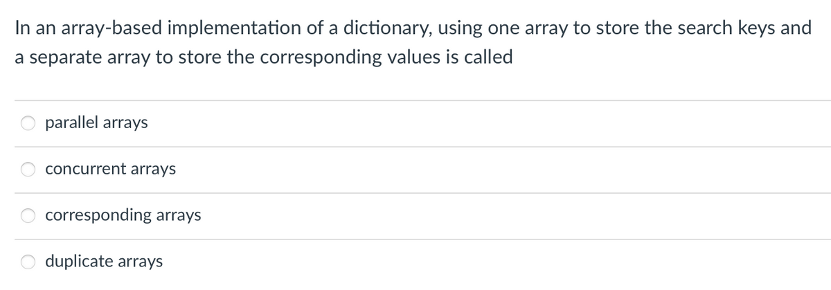 In an array-based implementation of a dictionary, using one array to store the search keys and
a separate array to store the corresponding values is called
O
O
parallel arrays
concurrent arrays
corresponding arrays
duplicate arrays
