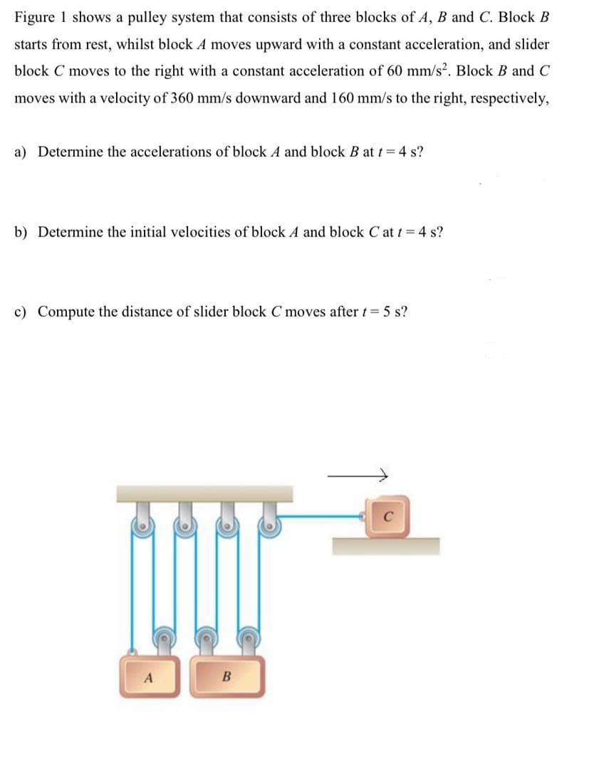 Figure 1 shows a pulley system that consists of three blocks of A, B and C. Block B
starts from rest, whilst block A moves upward with a constant acceleration, and slider
block C moves to the right with a constant acceleration of 60 mm/s?. Block B and C
moves with a velocity of 360 mm/s downward and 160 mm/s to the right, respectively,
a) Determine the accelerations of block A and block B at t=4 s?
b) Determine the initial velocities of block A and block C at t 4 s?
c) Compute the distance of slider block C moves after t 5 s?

