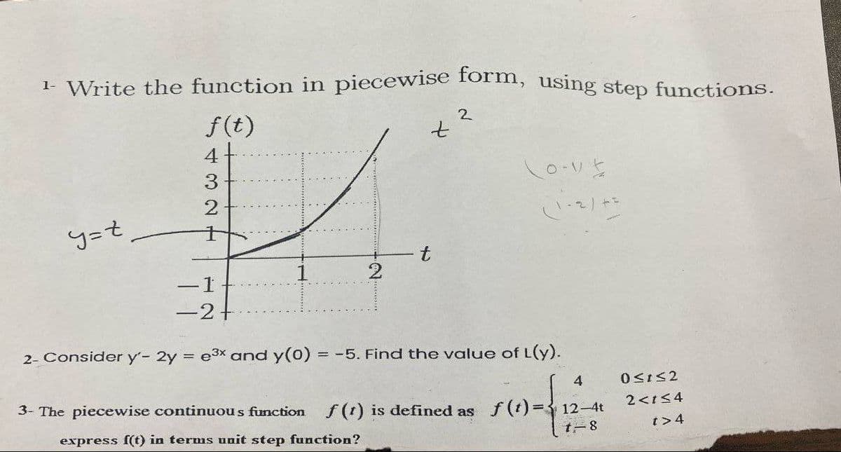 ¹ Write the function in piecewise form, using step functions.
f(t)
t
2
3
14:
2
2
t
10-15
(1+2/+5
−2+
2- Consider y'- 2y = e³x and y(0) = -5. Find the value of L(y).
3- The piecewise continuous function f(t) is defined as
express f(t) in terms unit step function?
4
12-4t
t-8
0≤t≤2
2 <1 ≤4
t> 4