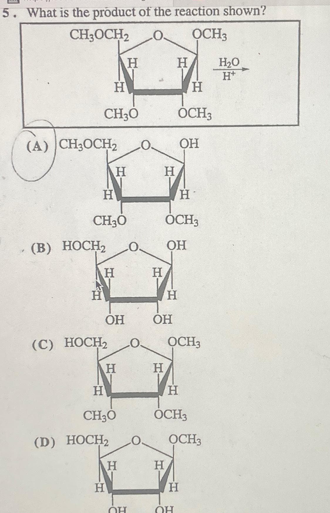 5. What is the product of the reaction shown?
CH3OCH₂
0 OCH3
(A) CH3OCH2
H
CH3O
(B) HOCH2
Н
H
CH3O
Н
(C) HOCH2
ОН
Н
H
H
Н
CH3O
(D) HOCH2
Н
Н
О
Н
0. ОН
H
Н
OH
Н
Н
Н
H
OCH3
ОН
Н
OCH3
OCH3
Н
OCH3
OCH3
T
Н
H2O
H+