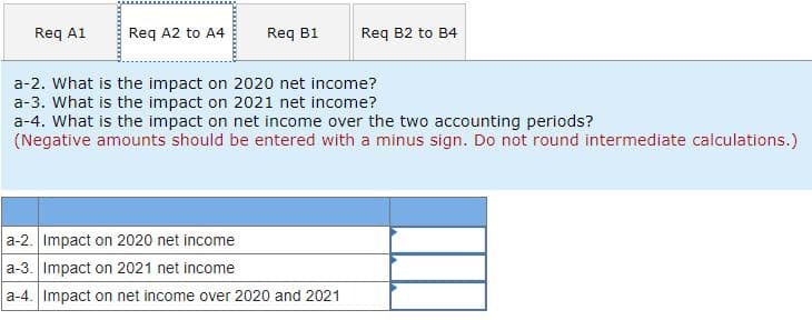 Req A1
Req A2 to A4
Req B1
Req B2 to B4
a-2. What is the impact on 2020 net income?
a-3. What is the impact on 2021 net income?
a-4. What is the impact on net income over the two accounting periods?
(Negative amounts should be entered with a minus sign. Do not round intermediate calculations.)
a-2. Impact on 2020 net income
a-3. Impact on 2021 net income
a-4. Impact on net income over 2020 and 2021
