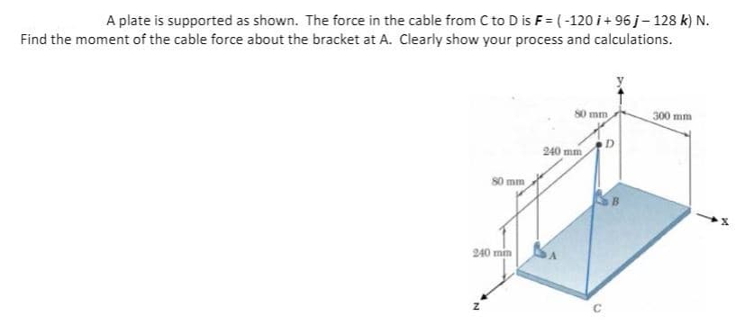 A plate is supported as shown. The force in the cable from C to D is F = (-120 i + 96 j– 128 k) N.
Find the moment of the cable force about the bracket at A. Clearly show your process and calculations.
80 mm
300 mm
240 mm
80 mm
240 mm
