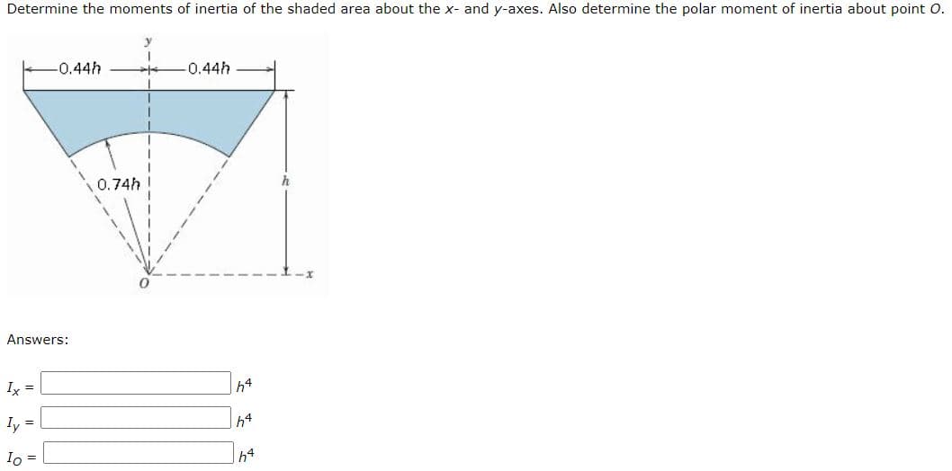 Determine the moments of inertia of the shaded area about the x- and y-axes. Also determine the polar moment of inertia about point O.
-0.44h
-0.44h
0.74h
h
Answers:
Ix =
h4
Iy =
h4
Io =
4
