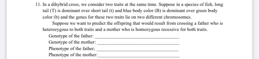 11. In a dihybrid cross, we consider two traits at the same time. Suppose in a species of fish, long
tail (T) is dominant over short tail (t) and blue body color (B) is dominant over green body
color (b) and the genes for these two traits lie on two different chromosomes.
Suppose we want to predict the offspring that would result from crossing a father who is
heterozygous to both traits and a mother who is homozygous recessive for both traits.
Genotype of the father:
Genotype of the mother:
Phenotype of the father;
Phenotype of the mother:
