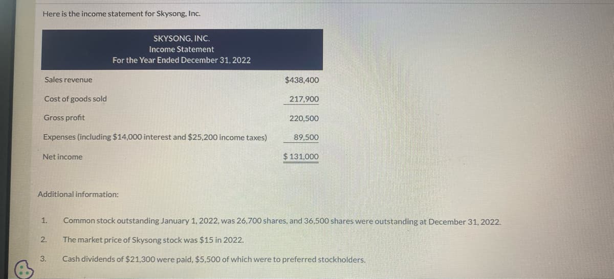 Here is the income statement for Skysong, Inc.
Sales revenue
Cost of goods sold
Gross profit
Expenses (including $14,000 interest and $25,200 income taxes)
Net income
Additional information:
1.
SKYSONG, INC.
Income Statement
For the Year Ended December 31, 2022
2.
3.
$438,400
217,900
220,500
89,500
$ 131,000
Common stock outstanding January 1, 2022, was 26,700 shares, and 36,500 shares were outstanding at December 31, 2022.
The market price of Skysong stock was $15 in 2022.
Cash dividends of $21,300 were paid, $5,500 of which were to preferred stockholders.