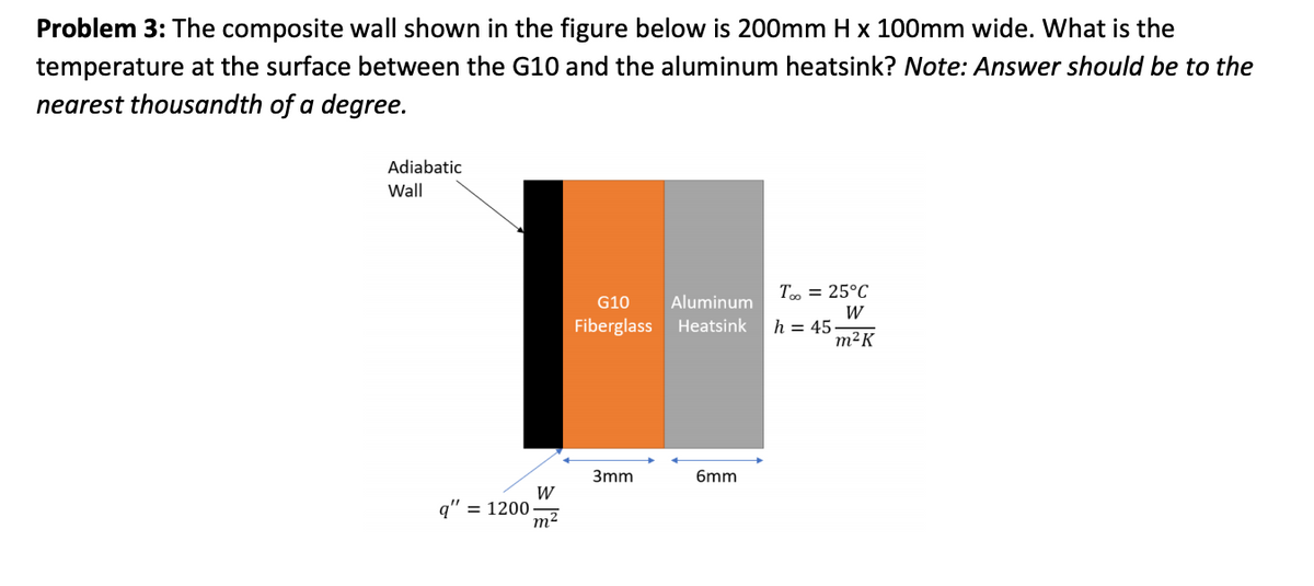 Problem 3: The composite wall shown in the figure below is 200mm H x 100mm wide. What is the
temperature at the surface between the G10 and the aluminum heatsink? Note: Answer should be to the
nearest thousandth of a degree.
Adiabatic
Wall
T. = 25°C
W
h = 45.
m²K
G10
Aluminum
Fiberglass
Heatsink
3mm
6mm
W
q" = 1200
m2

