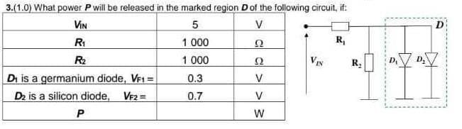 3.(1.0) What power P will be released in the marked region D of the following circuit, if:
VIN
5
V
R₁
1.000
Ω
R₂
1 000
22
0.3
V
0.7
V
W
Di is a germanium diode, VF1 =
D2 is a silicon diode, VF2 =
P
VIN
R₁
. . .
D₁
R₂
D
"Y"I