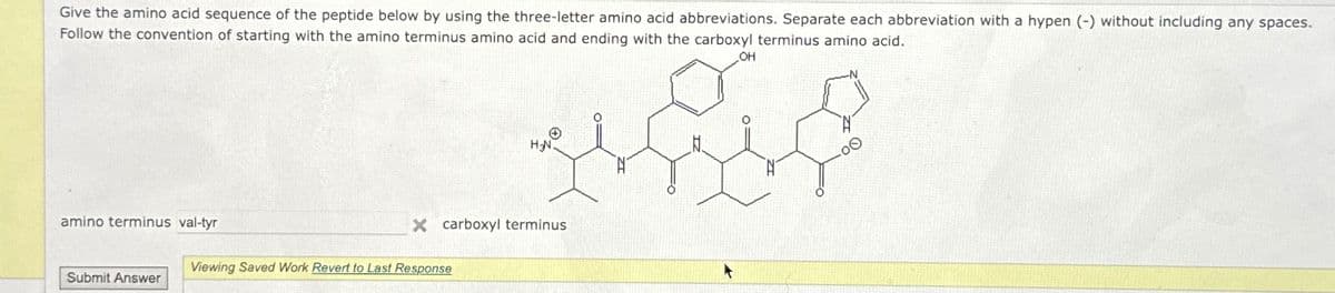 Give the amino acid sequence of the peptide below by using the three-letter amino acid abbreviations. Separate each abbreviation with a hypen (-) without including any spaces.
Follow the convention of starting with the amino terminus amino acid and ending with the carboxyl terminus amino acid.
H₂N.
amino terminus val-tyr
X carboxyl terminus
Viewing Saved Work Revert to Last Response
Submit Answer
OH