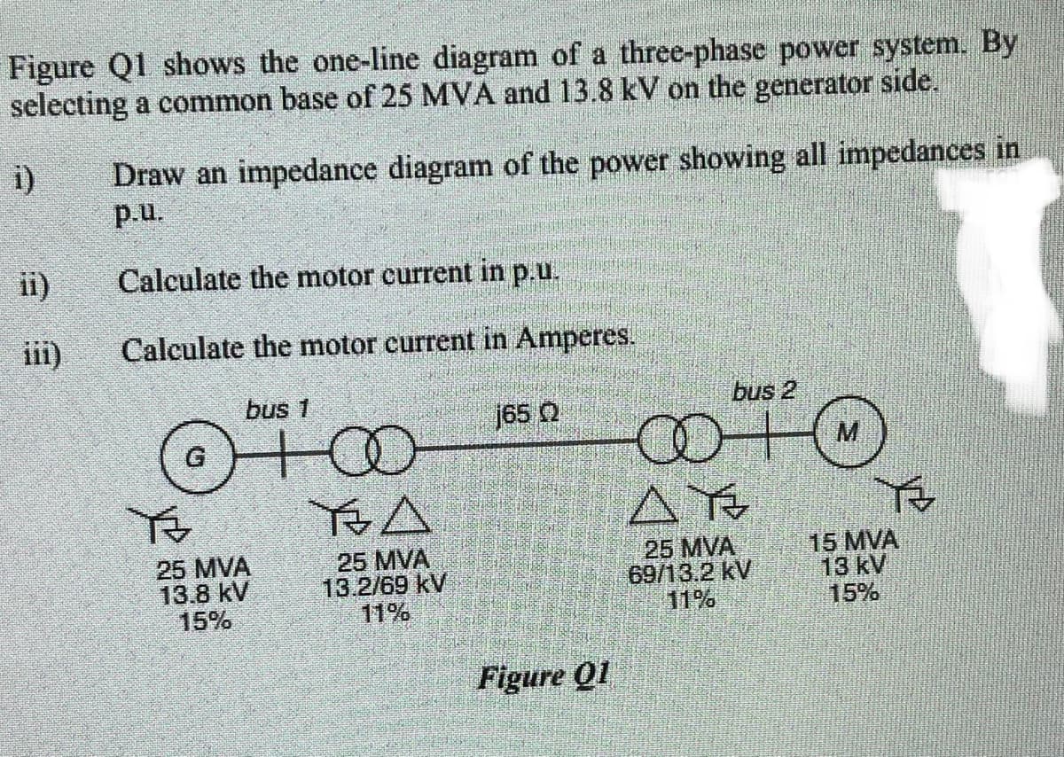 Figure Q1 shows the one-line diagram of a three-phase power system. By
selecting a common base of 25 MVA and 13.8 kV on the generator side.
i)
ii)
iii)
Draw an impedance diagram of the power showing all impedances in
p.u.
Calculate the motor current in p.u.
Calculate the motor current in Amperes.
G
TE
bus 1
25 MVA
13.8 kV
15%
RA
25 MVA
13.2/69 kV
11%
j65 Q
Figure Q1
bus 2
∞O+M
AR
25 MVA
69/13.2 kV
11%
T
15 MVA
13 kV
15%