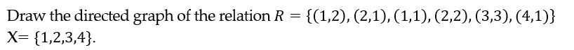 =
{(1,2), (2,1), (1,1), (2,2), (3,3), (4,1)}
Draw the directed graph of the relation R
X= {1,2,3,4}.