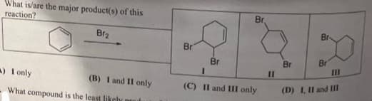What is/are the major product(s) of this
reaction?
Br2
A) I only
What compound is the least likely
(B) I and II only
Br
Br
Br
1
(C) II and III only
11
Br
Br
Br
111
(D) I, II and III
