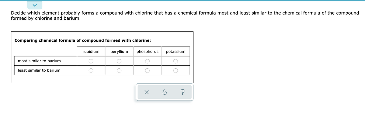 Decide which element probably forms a compound with chlorine that has a chemical formula most and least similar to the chemical formula of the compound
formed by chlorine and barium.
Comparing chemical formula of compound formed with chlorine:
most similar to barium
least similar to barium
rubidium
beryllium
phosphorus potassium
×
Ś ?