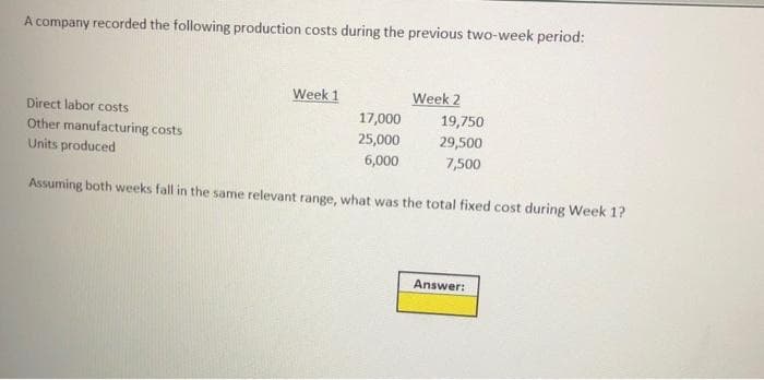 A company recorded the following production costs during the previous two-week period:
Direct labor costs
Other manufacturing costs
Units produced
Week 1
Week 2
17,000
25,000
6,000
Assuming both weeks fall in the same relevant range, what was the total fixed cost during Week 1?
19,750
29,500
7,500
Answer: