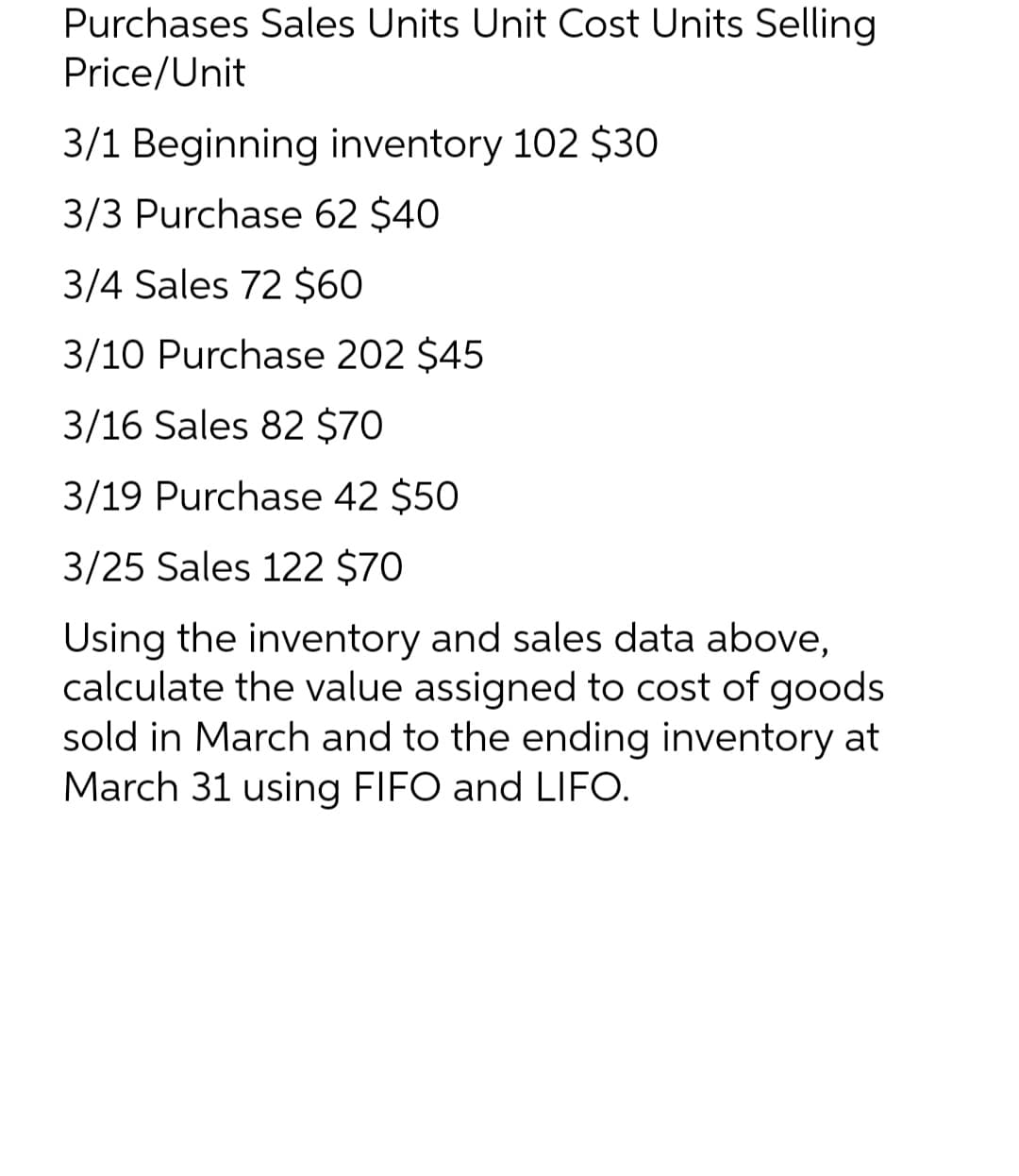 Purchases Sales Units Unit Cost Units Selling
Price/Unit
3/1 Beginning inventory 102 $30
3/3 Purchase 62 $40
3/4 Sales 72 $60
3/10 Purchase 202 $45
3/16 Sales 82 $70
3/19 Purchase 42 $50
3/25 Sales 122 $70
Using the inventory and sales data above,
calculate the value assigned to cost of goods
sold in March and to the ending inventory at
March 31 using FIFO and LIFO.