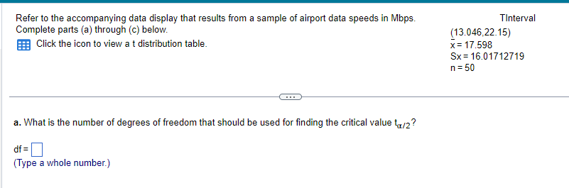 Refer to the accompanying data display that results from a sample of airport data speeds in Mbps.
Complete parts (a) through (c) below.
Click the icon to view a t distribution table.
a. What is the number of degrees of freedom that should be used for finding the critical value tx/2?
df=
(Type a whole number.)
TInterval
(13.046,22.15)
x = 17.598
Sx= 16.01712719
n = 50