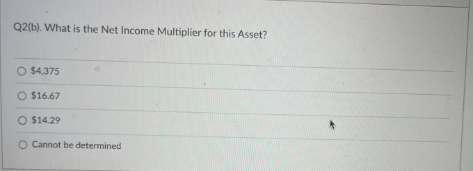 Q2(b). What is the Net Income Multiplier for this Asset?
$4,375
O $16.67
O $14.29
O Cannot be determined