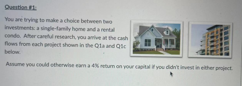Question #1:
You are trying to make a choice between two
investments: a single-family home and a rental
condo. After careful research, you arrive at the cash
flows from each project shown in the Q1a and Q1c
below.
Assume you could otherwise earn a 4% return on your capital if you didn't invest in either project.