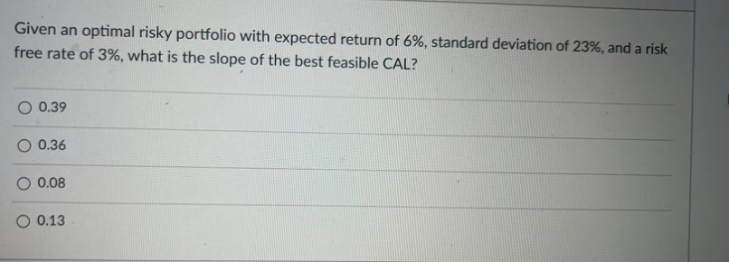 Given an optimal risky portfolio with expected return of 6%, standard deviation of 23%, and a risk
free rate of 3%, what is the slope of the best feasible CAL?
0.39
O 0.36
O 0.08
O 0.13