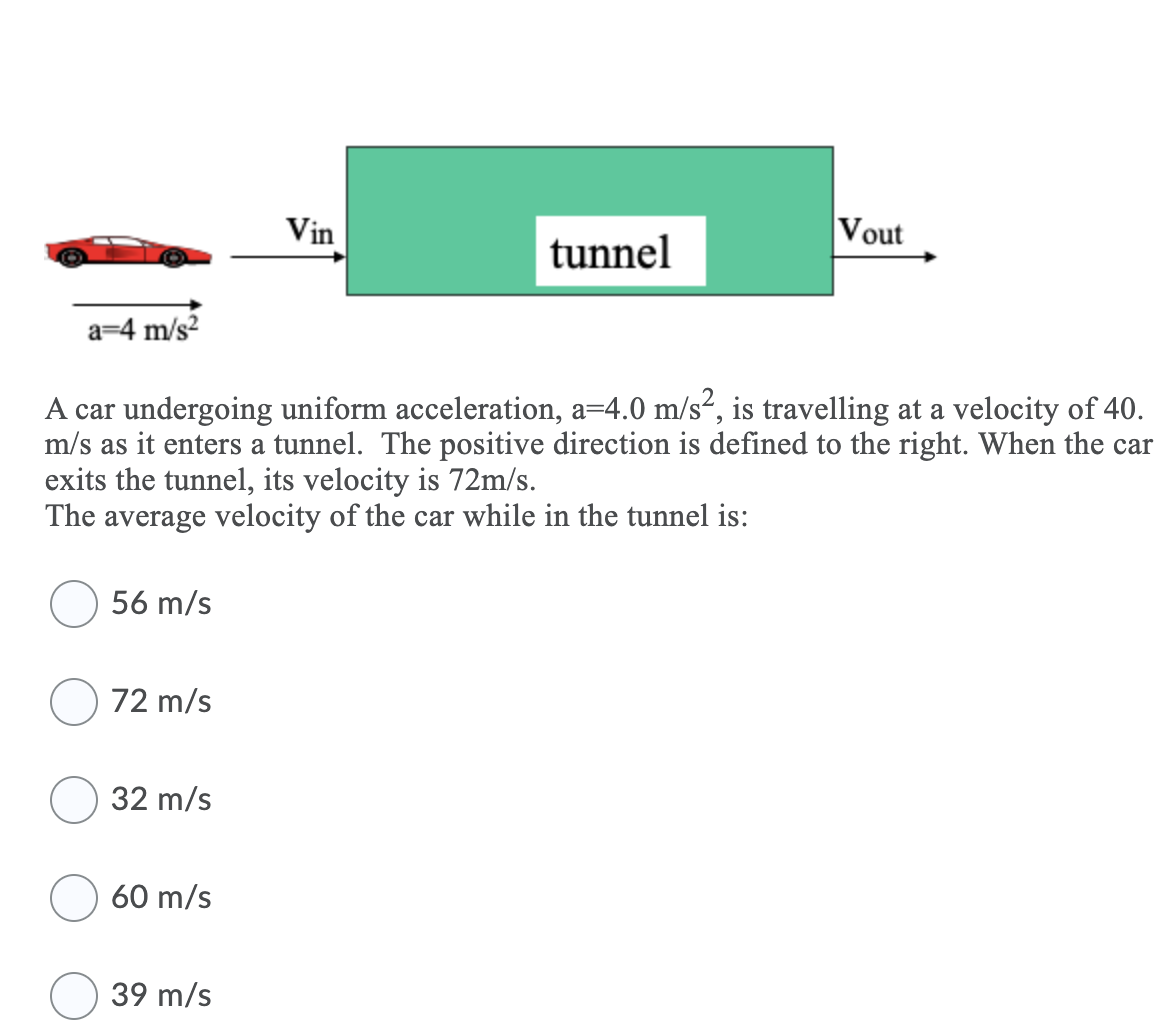 Vin
Vout
tunnel
a=4 m/s?
A car undergoing uniform acceleration, a=4.0 m/s², is travelling at a velocity of 40.
m/s as it enters a tunnel. The positive direction is defined to the right. When the car
exits the tunnel, its velocity is 72m/s.
The average velocity of the car while in the tunnel is:
56 m/s
72 m/s
32 m/s
60 m/s
39 m/s
