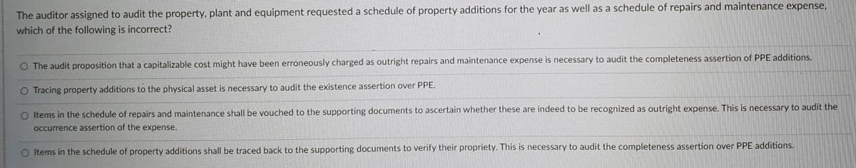 The auditor assigned to audit the property, plant and equipment requested a schedule of property additions for the year as well as a schedule of repairs and maintenance expense,
which of the following is incorrect?
O The audit proposition that a capitalizable cost might have been erroneously charged as outright repairs and maintenance expense is necessary to audit the completeness assertion of PPE additions.
O Tracing property additions to the physical asset is necessary to audit the existence assertion over PPE.
O Items in the schedule of repairs and maintenance shall be vouched to the supporting documents to ascertain whether these are indeed to be recognized as outright expense. This is necessary to audit the
occurrence assertion of the expense.
Items in the schedule of property additions shall be traced back to the supporting documents to verify their propriety. This is necessary to audit the completeness assertion over PPE additions.
