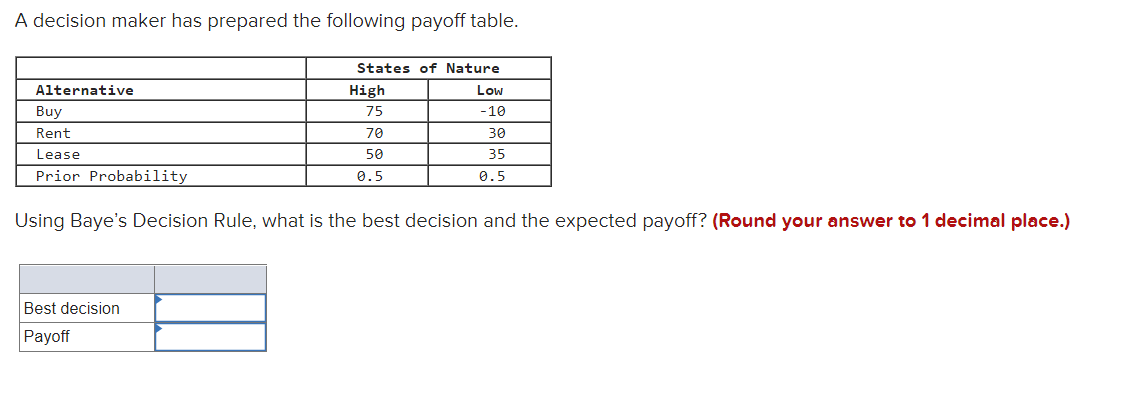 A decision maker has prepared the following payoff table.
States of Nature
Alternative
High
Low
Buy
75
-10
Rent
70
30
Lease
50
35
Prior Probability
0.5
0.5
Using Baye's Decision Rule, what is the best decision and the expected payoff? (Round your answer to 1 decimal place.)
Best decision
Рayof
