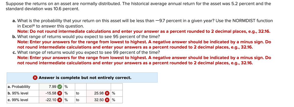 Suppose the returns on an asset are normally distributed. The historical average annual return for the asset was 5.2 percent and the
standard deviation was 10.6 percent.
a. What is the probability that your return on this asset will be less than -9.7 percent in a given year? Use the NORMDIST function
in Excel® to answer this question.
Note: Do not round intermediate calculations and enter your answer as a percent rounded to 2 decimal places, e.g., 32.16.
b. What range of returns would you expect to see 95 percent of the time?
Note: Enter your answers for the range from lowest to highest. A negative answer should be indicated by a minus sign. Do
not round intermediate calculations and enter your answers as a percent rounded to 2 decimal places, e.g., 32.16.
c. What range of returns would you expect to see 99 percent of the time?
Note: Enter your answers for the range from lowest to highest. A negative answer should be indicated by a minus sign. Do
not round intermediate calculations and enter your answers as a percent rounded to 2 decimal places, e.g., 32.16.
a. Probablility
b. 95% level
c. 99% level
X Answer is complete but not entirely correct.
7.99 %
-15.58 x %
-22.10 × %
to
to
25.98 X %
32.50 %