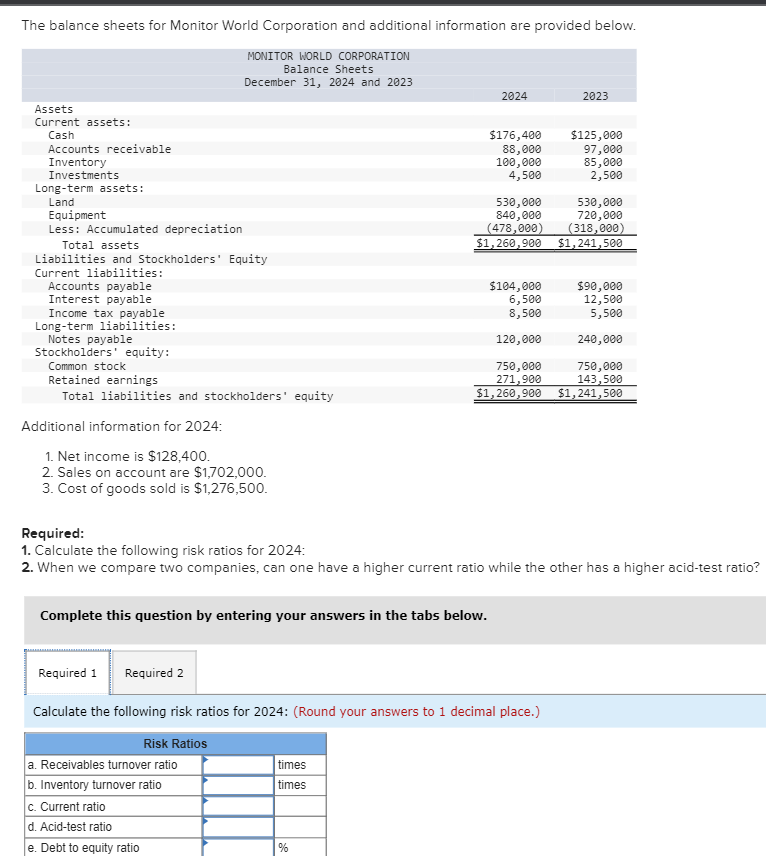 The balance sheets for Monitor World Corporation and additional information are provided below.
MONITOR WORLD CORPORATION
Balance Sheets
December 31, 2024 and 2023
Assets
Current assets:
Cash
Accounts receivable
Inventory
Investments
Long-term assets:
Land
Equipment
Less: Accumulated depreciation
Total assets
Liabilities and Stockholders' Equity
Current liabilities:
Accounts payable
Interest payable
Income tax payable
Long-term liabilities:
Notes payable
Stockholders' equity:
Common stock
Retained earnings
Total liabilities and stockholders' equity
Additional information for 2024:
1. Net income is $128,400.
2. Sales on account are $1,702,000.
3. Cost of goods sold is $1,276,500.
Complete this question by entering your answers in the tabs below.
a. Receivables turnover ratio
b. Inventory turnover ratio
c. Current ratio
d. Acid-test ratio
e. Debt to equity ratio
2024
times
times
$176,400
88,000
100,000
4,500
%
Required:
1. Calculate the following risk ratios for 2024:
2. When we compare two companies, can one have a higher current ratio while the other has a higher acid-test ratio?
Required 1 Required 2
Calculate the following risk ratios for 2024: (Round your answers to 1 decimal place.)
Risk Ratios
2023
530,000
530,000
840,000
720,000
(478,000) (318,000)
$1,260,900
$1,241,500
$125,000
97,000
85,000
2,500
$104,000
$90,000
6,500
12,500
8,500
5,500
120,000
240,000
750,000
750,000
271,900
143,500
$1,260,900 $1,241,500