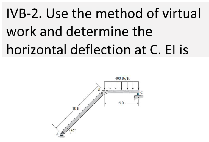 IVB-2. Use the method of virtual
work and determine the
horizontal deflection at C. El is
400 lb/ft
-6 ft-
10 ft
45°
