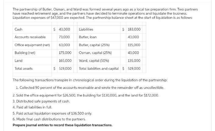 The partnership of Butler, Osman, and Ward was formed several years ago as a local tax preparation firm. Two partners
have reached retirement age, and the partners have decided to terminate operations and liquidate the business.
Liquidation expenses of $47,000 are expected. The partnership balance sheet at the start of liquidation is as follows:
Cash
Accounts receivable
Office equipment (net)
Building (net)
Land
Total assets
$ 43,000
73,000
63,000
175,000
165,000
$ 519,000
Liabilities
$ 183,000
Butler, loan
43,000
Butler, capital (25%)
115,000
Osman, capital (25%)
43,000
Ward, capital (50%)
135,000
Total liabilities and capital $ 519,000
The following transactions transpire in chronological order during the liquidation of the partnership:
1. Collected 90 percent of the accounts receivable and wrote the remainder off as uncollectible.
2. Sold the office equipment for $26,500, the building for $130,000, and the land for $172,000.
3. Distributed safe payments of cash.
4. Paid all liabilities in full.
5. Paid actual liquidation expenses of $36,500 only.
6. Made final cash distributions to the partners.
Prepare journal entries to record these liquidation transactions.