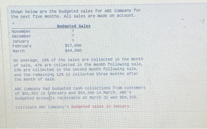 shown below are the budgeted sales for ABC Company for
the next five months. All sales are made on account.
Budgeted sales
November
December
January
February
March
2
2
$57,000
$44,000
on average, 18% of the sales are collected in the month.
of sale, 47% are collected in the month following sale,
23% are collected in the second month following sale,
and the remaining 12% is collected three months after
the month of sale.
ABC Company had budgeted cash collections from customers
of $61,852 in February and $54,390 in March. ABC's
budgeted accounts receivable at March 31 was $60, 350.
calculate ABC Company's budgeted sales in January.