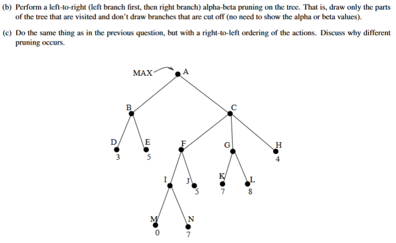 (b) Perform a left-to-right (left branch first, then right branch) alpha-beta pruning on the tree. That is, draw only the parts
of the tree that are visited and don't draw branches that are cut off (no need to show the alpha or beta values).
(c) Do the same thing as in the previous question, but with a right-to-left ordering of the actions. Discuss why different
pruning occurs.
МАХ
A
B
D
E
F
G
H
3
5
K/
7
8
M
N
7
