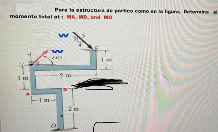 Para la estructura de portico como en la figura, Determina el
momento total at : MA, MD, and MO
60°
1 m
B
2 m
1 m
-1 m-
2 m
