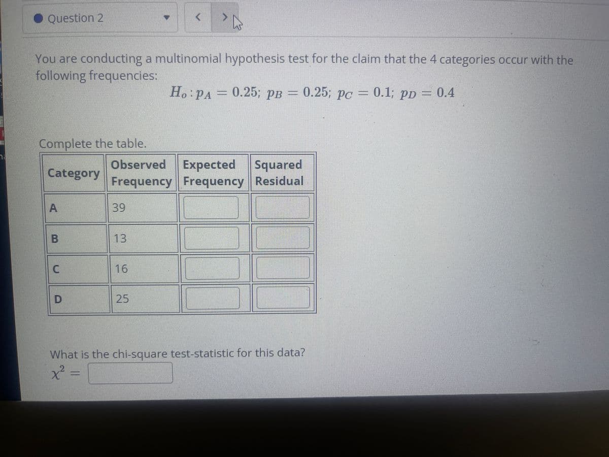 O Question 2
You are conducting a multinomial hypothesis test for the claim that the 4 categories occur with the
following frequencies:
H. PA = 0.25; PB = 0.25; pc = 0.1; pp = 0.4
一
Complete the table.
Observed Expected Squared
Frequency Frequency Residual
Category
A
39
13
16
25
What is the chi-square test-statistic for this data?
2.

