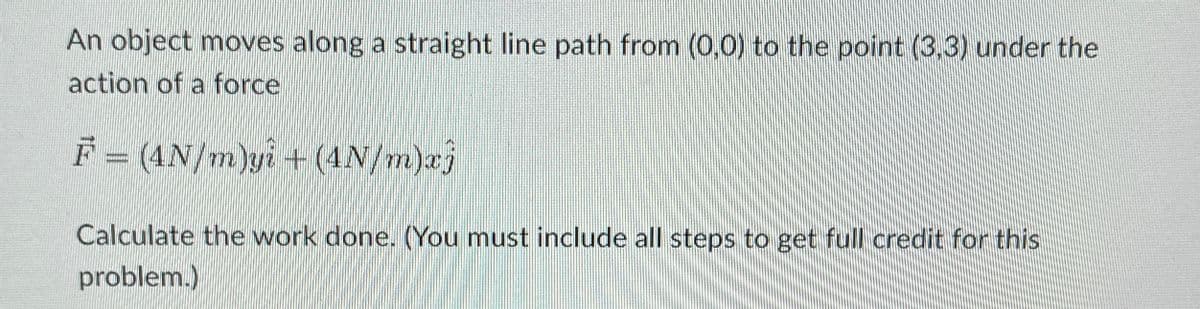 An object moves along a straight line path from (0,0) to the point (3,3) under the
action of a force
F= (4N/m)yi + (4N/m)xj
Calculate the work done. (You must include all steps to get full credit for this
problem.)