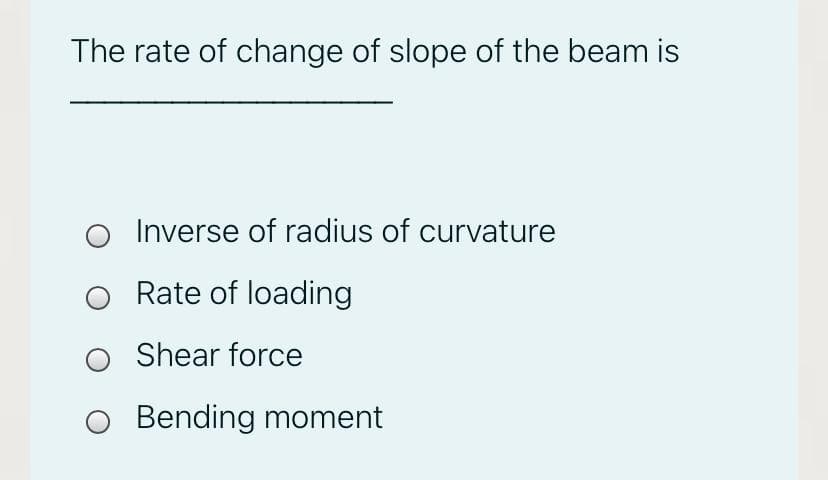 The rate of change of slope of the beam is
Inverse of radius of curvature
Rate of loading
O Shear force
Bending moment
