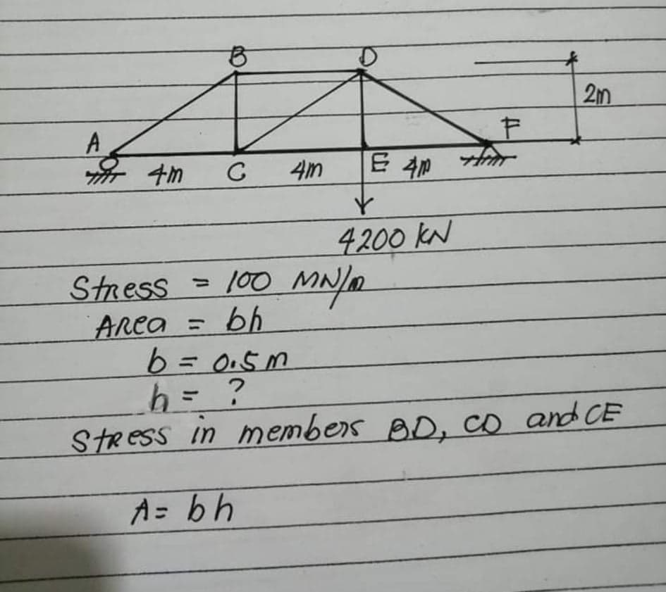 2m
4m
E 40
4200 kN
Stress = 100 MN/m
ARCA = bh
b = 0.5m
StRess in members BD, co and CE
A= bh
