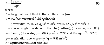 2ocos a
(2)
where
height of rise of fluid in the capillary tube (m)
o = surface tension of fluid against air
( for water, o= 0.073 kg/s? at 20°C and 0.067 kg/s at 55°C )
a = contact angle of water with the tube ( radians), ( for water, cos a 1)
p= density ( for water, p= 998 kg/ m at 20°C and 986 kg/m at 55°C)
g= acceleration due to gravity (g = 9.81 m/ s)
r= equivalent radius of tube (m)
