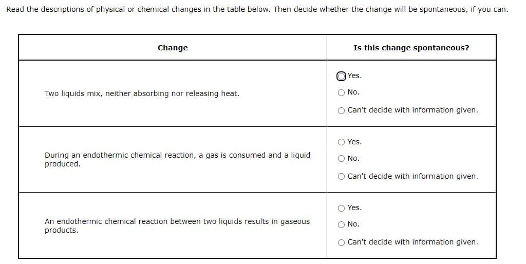 Read the descriptions of physical or chemical changes in the table below. Then decide whether the change will be spontaneous, if you can.
Change
Two liquids mix, neither absorbing nor releasing heat.
During an endothermic chemical reaction, a gas is consumed and a liquid
produced.
An endothermic chemical reaction between two liquids results in gaseous
products.
Is this change spontaneous?
Yes.
O No.
O Can't decide with information given.
Yes.
O No.
O Can't decide with information given.
O Yes.
O No.
O Can't decide with information given.