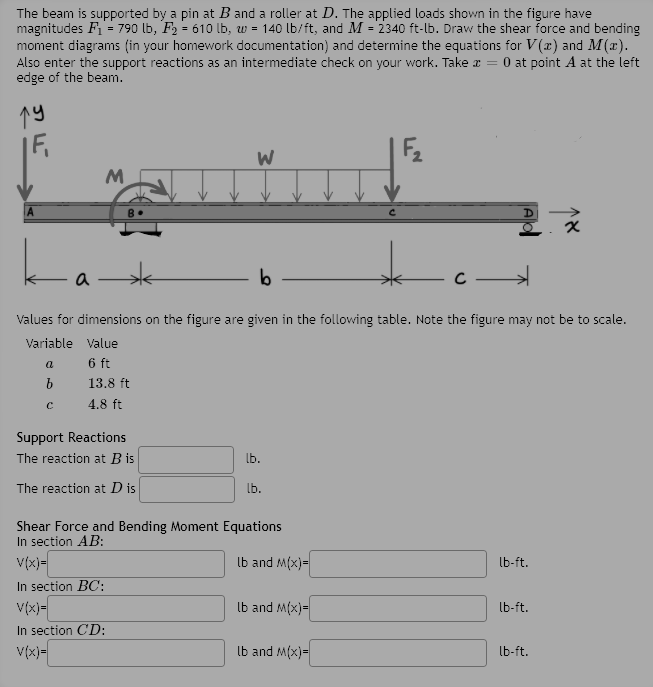 The beam is supported by a pin at B and a roller at D. The applied loads shown in the figure have
magnitudes F1= 790 lb, F2 = 610 lb, w = 140 lb/ft, and M = '2340 ft-lb. Draw the shear force and bending
moment diagrams (in your homework documentation) and determine the equations for V(x) and M(x).
Also enter the support reactions as an intermediate check on your work. Take a =
edge of the beam.
%3D
O at point A at the left
19
F2
M
a
Values for dimensions on the figure are given in the following table. Note the figure may not be to scale.
Variable Value
6 ft
a
13.8 ft
4.8 ft
Support Reactions
The reaction at B is
lb.
The reaction at D is
lb.
Shear Force and Bending Moment Equations
In section AB:
V(x)=
lb and M(x)=
lb-ft.
In section BC:
V(x)=
lb and M(x)=
lb-ft.
In section CD:
V(x)=
lb and M(x)=
Ib-ft.
Ala
w/
F.
