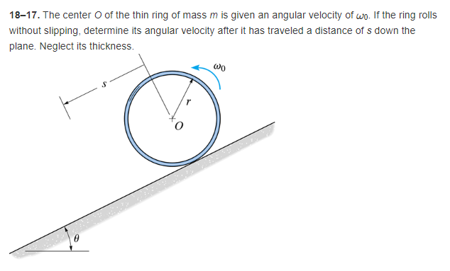 18-17. The center O of the thin ring of mass m is given an angular velocity of wo. If the ring rolls
without slipping, determine its angular velocity after it has traveled a distance of s down the
plane. Neglect its thickness.
0