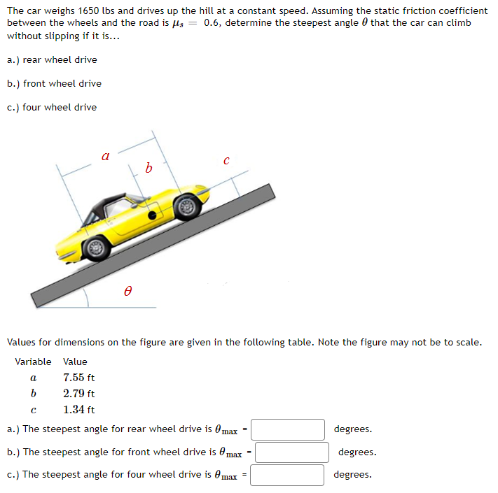 The car weighs 1650 lbs and drives up the hill at a constant speed. Assuming the static friction coefficient
between the wheels and the road is µs = 0.6, determine the steepest angle 0 that the car can climb
without slipping if it is...
a.) rear wheel drive
b.) front wheel drive
c.) four wheel drive
Values for dimensions on the figure are given in the following table. Note the figure may not be to scale.
Variable Value
a
7.55 ft
2.79 ft
1.34 ft
a.) The steepest angle for rear wheel drive is 0max
degrees.
b.) The steepest angle for front wheel drive is 0max
degrees.
c.) The steepest angle for four wheel drive is 0max
degrees.
