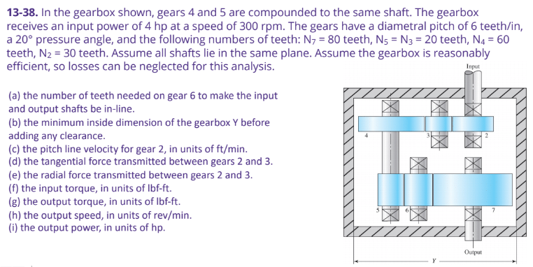 13-38. In the gearbox shown, gears 4 and 5 are compounded to the same shaft. The gearbox
receives an input power of 4 hp at a speed of 300 rpm. The gears have a diametral pitch of 6 teeth/in,
a 20° pressure angle, and the following numbers of teeth: N7 = 80 teeth, N = N3 = 20 teeth, N4 = 60
teeth, N₂ = 30 teeth. Assume all shafts lie in the same plane. Assume the gearbox is reasonably
efficient, so losses can be neglected for this analysis.
(a) the number of teeth needed on gear 6 to make the input
and output shafts be in-line.
(b) the minimum inside dimension of the gearbox Y before
adding any clearance.
(c) the pitch line velocity for gear 2, in units of ft/min.
(d) the tangential force transmitted between gears 2 and 3.
(e) the radial force transmitted between gears 2 and 3.
(f) the input torque, in units of lbf-ft.
(g) the output torque, in units of lbf-ft.
(h) the output speed, in units of rev/min.
(i) the output power, in units of hp.
5 ☑6
Input
Output