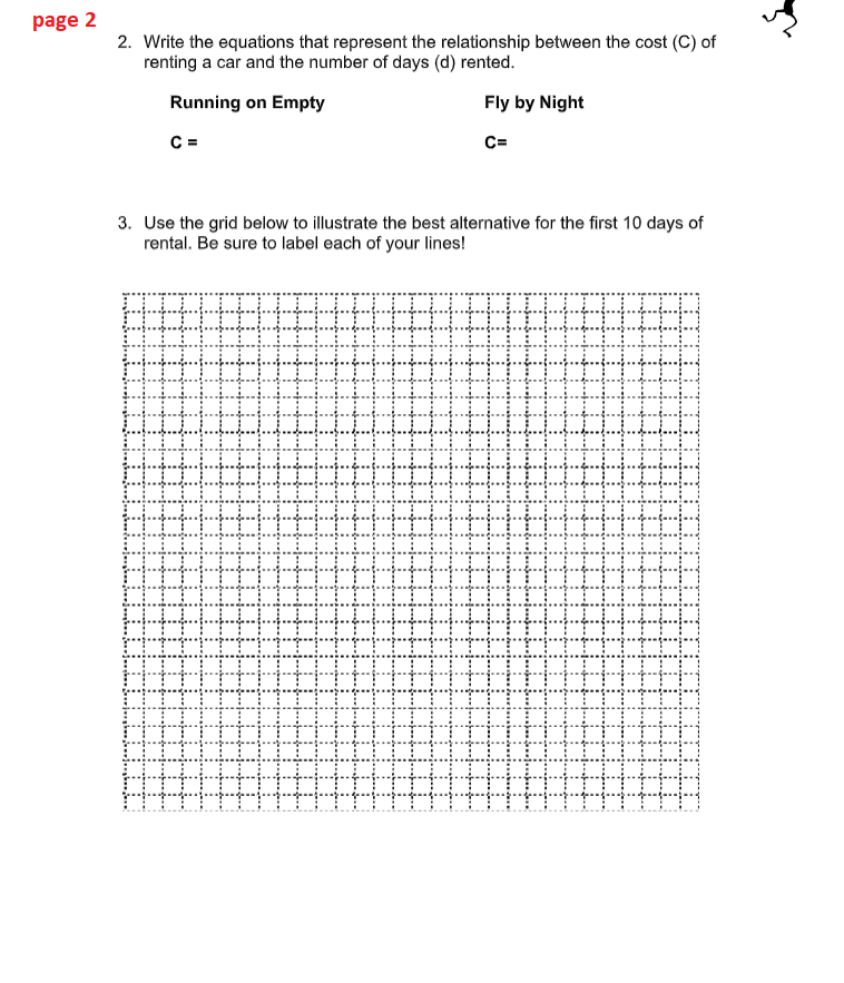 page 2
2. Write the equations that represent the relationship between the cost (C) of
renting a car and the number of days (d) rented.
Running on Empty
Fly by Night
C =
C=
3. Use the grid below to illustrate the best alternative for the first 10 days of
rental. Be sure to label each of your lines!
