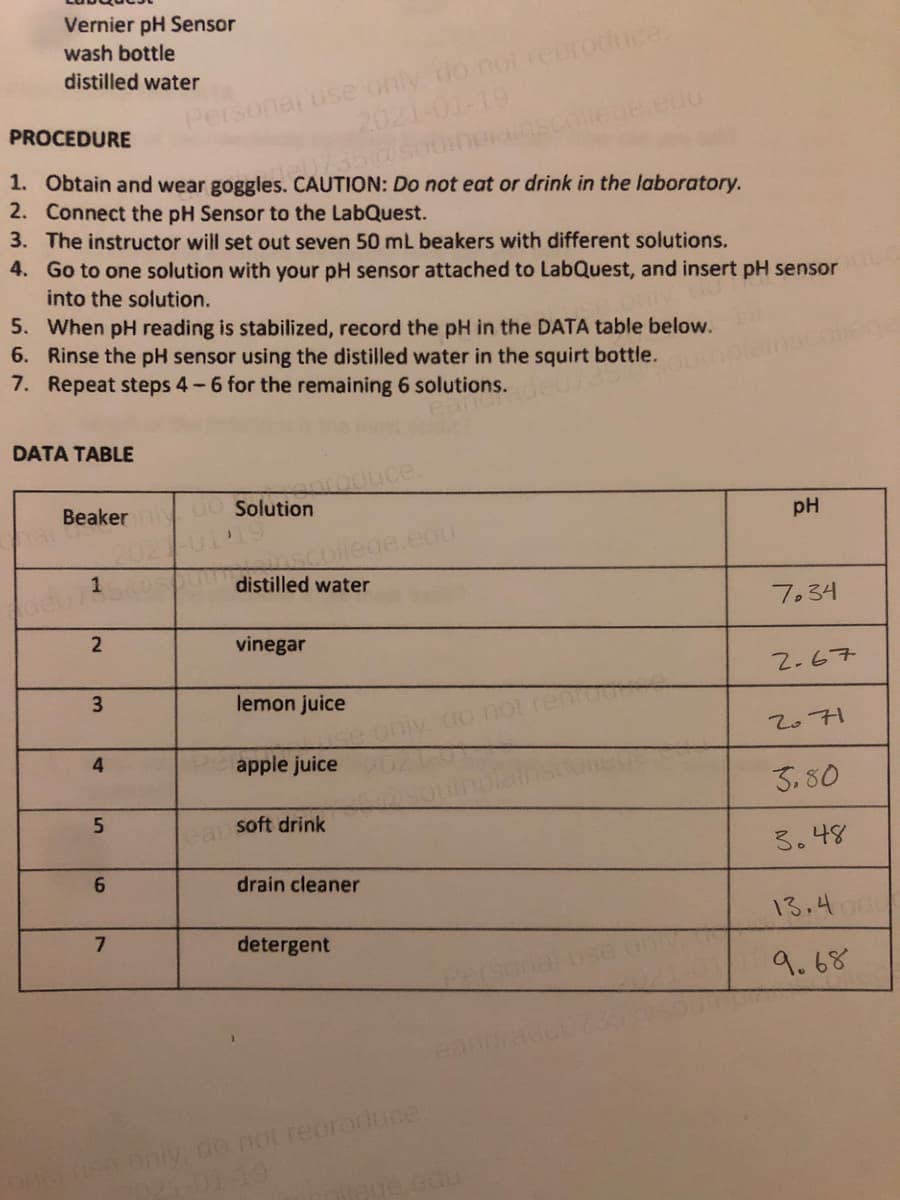 Vernier pH Sensor
Personal use only do not reoroduce.
2021-01-19
wash bottle
distilled water
PROCEDURE
735@sou
1. Obtain and wear goggles. CAUTION: Do not eat or drink in the laboratory.
2. Connect the pH Sensor to the LabQuest.
3. The instructor will set out seven 50 mL beakers with different solutions.
4. Go to one solution with your pH sensor attached to LabQuest, and insert pH sensor
into the solution.
5. When pH reading is stabilized, record the pH in the DATA table below.
6. Rinse the pH sensor using the distilled water in the squirt bottle.
7. Repeat steps 4-6 for the remaining 6 solutions.
DATA TABLE
roguce.
Beaker
00 Solution
pH
edu
nscolle
distilled water
7.34
vinegar
2-67
3.
lemon juice
271
4
apple juice
3.80
a soft drink
る。48
6.
drain cleaner
7
13.400
detergent
9.68
eand
sa oniy do not reproduce,
14:01-19
