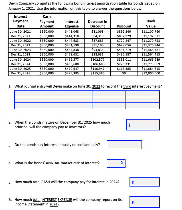 Devin Company computes the following bond interest amortization table for bonds issued on
January 1, 2021. Use the information on this table to answer the questions below.
Interest
Cash
Payment
Payment
Interest
Decrease in
Вook
Date
Amount
Expense
Discount
Discount
Value
June 30, 2021
$360,000
$360,000
$360,000
$360,000
$360,000
$360,000
$360,000
$360,000
$441,068
$444,310
$447,683
$81,068
$84,310
$87,683
$91,190
$94,838
$98,631
$892,240
$807,929
$720,247
$629,056
$534,219
$435,587
$11,107,760
$11,192,071
$11,279,753
$11,370,944
$11,465,781
$11,564,413
$11,666,989
$11,773,669
$11,884,615
$12,000,000
Dec 31, 2021
June 30, 2022
$451,190
$454,838
$458,631
Dec 31, 2022
June 30, 2023
Dec 31, 2023
$462,577
$466,680
$102,577
$106,680
$333,011
$226,331
June 30, 2024
Dec 31, 2024
$360,000
$360,000
$470,947
$475,385
$110,947
$115,385
June 30, 2025
$115,385
Dec 31, 2025
$0
1. What journal entry will Devin make on June 30, 2022 to record the third interest payment?
2. When the bonds mature on December 31, 2025 how much
principal will the company pay to investors?
3. Do the bonds pay interest annually or semiannually?
4. What is the bonds' ANNUAL market rate of interest?
%
5. How much total CASH will the company pay for interest in 2024?
6. How much total INTEREST EXPENSE will the company report on its
Income Statement in 2024?
%24
