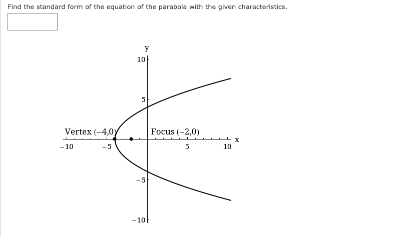 Find the standard form of the equation of the parabola with the given characteristics.
y
10-
Vertex (-4,0Y
Focus (-2,0)
- 10
-5
5
10
-5
- 10-
