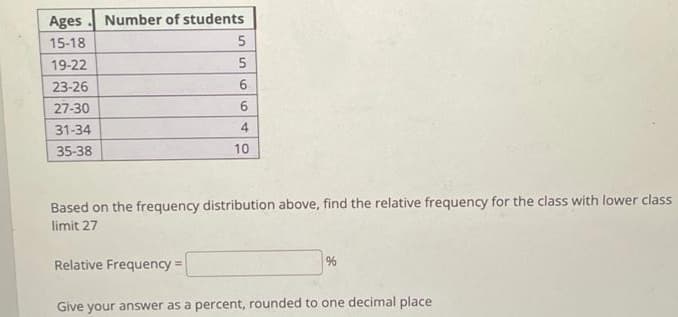 Ages
Number of students
15-18
19-22
23-26
27-30
6.
31-34
4
35-38
10
Based on the frequency distribution above, find the relative frequency for the class with lower class
limit 27
Relative Frequency =
Give your answer as a percent, rounded to one decimal place
