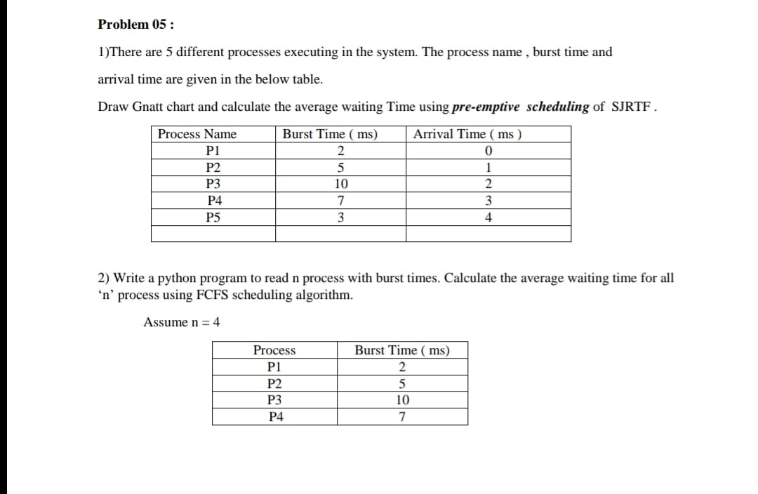 Problem 05 :
1)There are 5 different processes executing in the system. The process name , burst time and
arrival time are given in the below table.
Draw Gnatt chart and calculate the average waiting Time using pre-emptive scheduling of SJRTF .
Process Name
Burst Time ( ms)
Arrival Time ( ms )
P1
P2
1
P3
10
3.
4
P4
7
P5
3
2) Write a python program to read n process with burst times. Calculate the average waiting time for all
'n' process using FCFS scheduling algorithm.
Assume n = 4
Process
Burst Time ( ms)
P1
P2
5
P3
10
Р4
7
