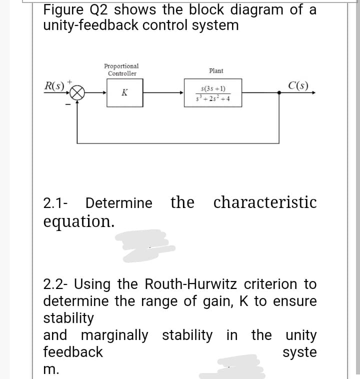 Figure Q2 shows the block diagram of a
unity-feedback control system
Proportional
Controller
Plant
R(s)
C(s).
s(3s +1)
5+2s² +4
K
2.1- Determine the characteristic
equation.
2.2- Using the Routh-Hurwitz criterion to
determine the range of gain, K to ensure
stability
and marginally stability in the unity
feedback
syste
m.
