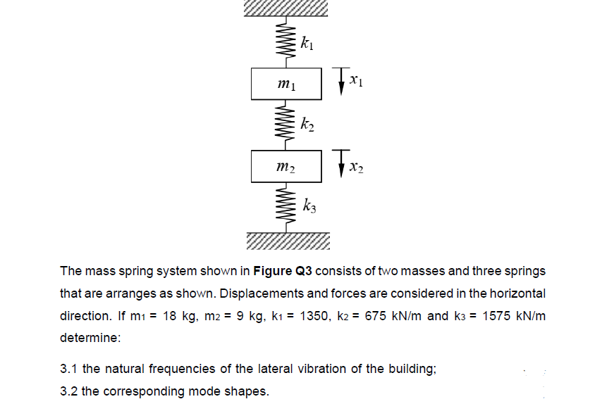 k2
Tx
m2
X2
k3
The mass spring system shown in Figure Q3 consists of two masses and three springs
that are arranges as shown. Displacements and forces are considered in the horizontal
direction. If m1 = 18 kg, m2 = 9 kg, k1 = 1350, k2 = 675 kN/m and k3 = 1575 kN/m
determine:
3.1 the natural frequencies of the lateral vibration of the building;
3.2 the corresponding mode shapes.
Www
